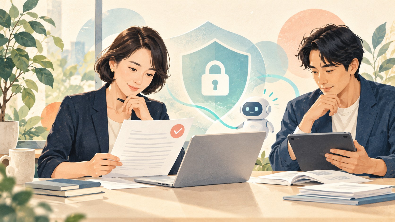 生成AIの利用で気をつけたい情報の取り扱いを確認するイメージ