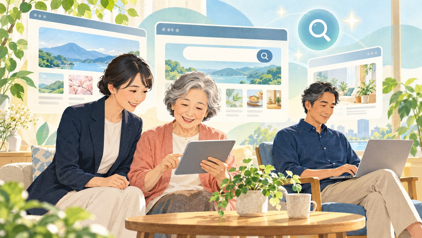 さまざまな年代の人が検索して情報にたどり着くイメージ
